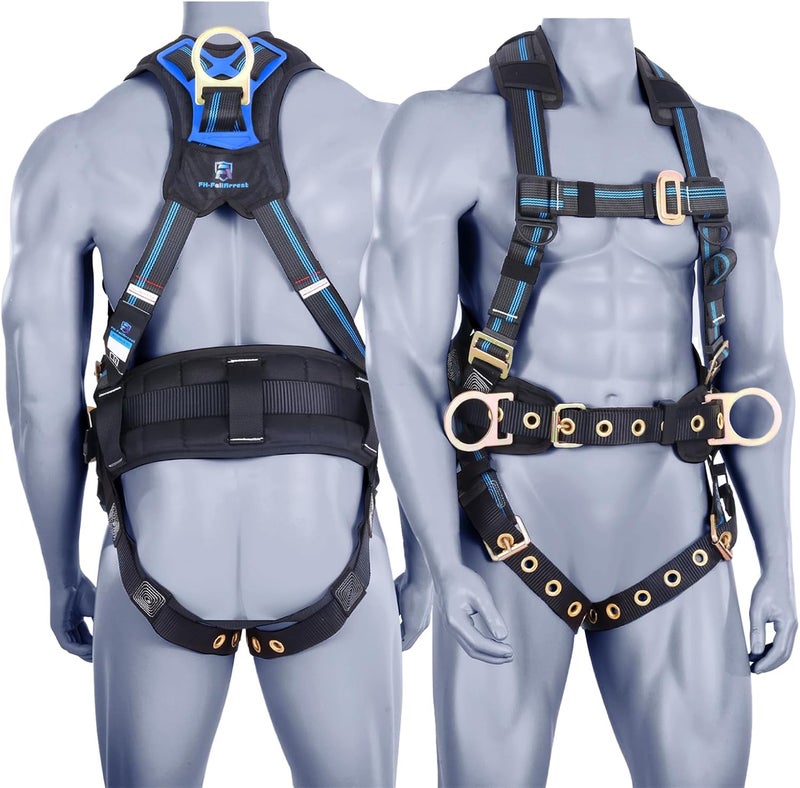FHFallArrest Fall Protection 5pt Full-Body Safety Harness, Vented & Padded Shoulder, Back & Legs, 8” Thick Back Support, Tongue Buckle, D-Rings, Grommet Leg Straps & Waist Belt (OSHA/ANSI Rated PPE) - Image 1